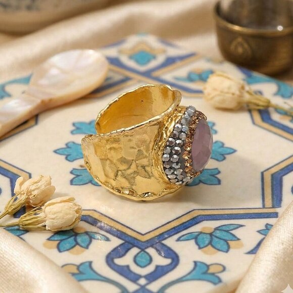 Boho Luxe Handmade Turkish Gold-Plated Wide Ring With Pink Cat’s Eye Hematite - Picture 7 of 12